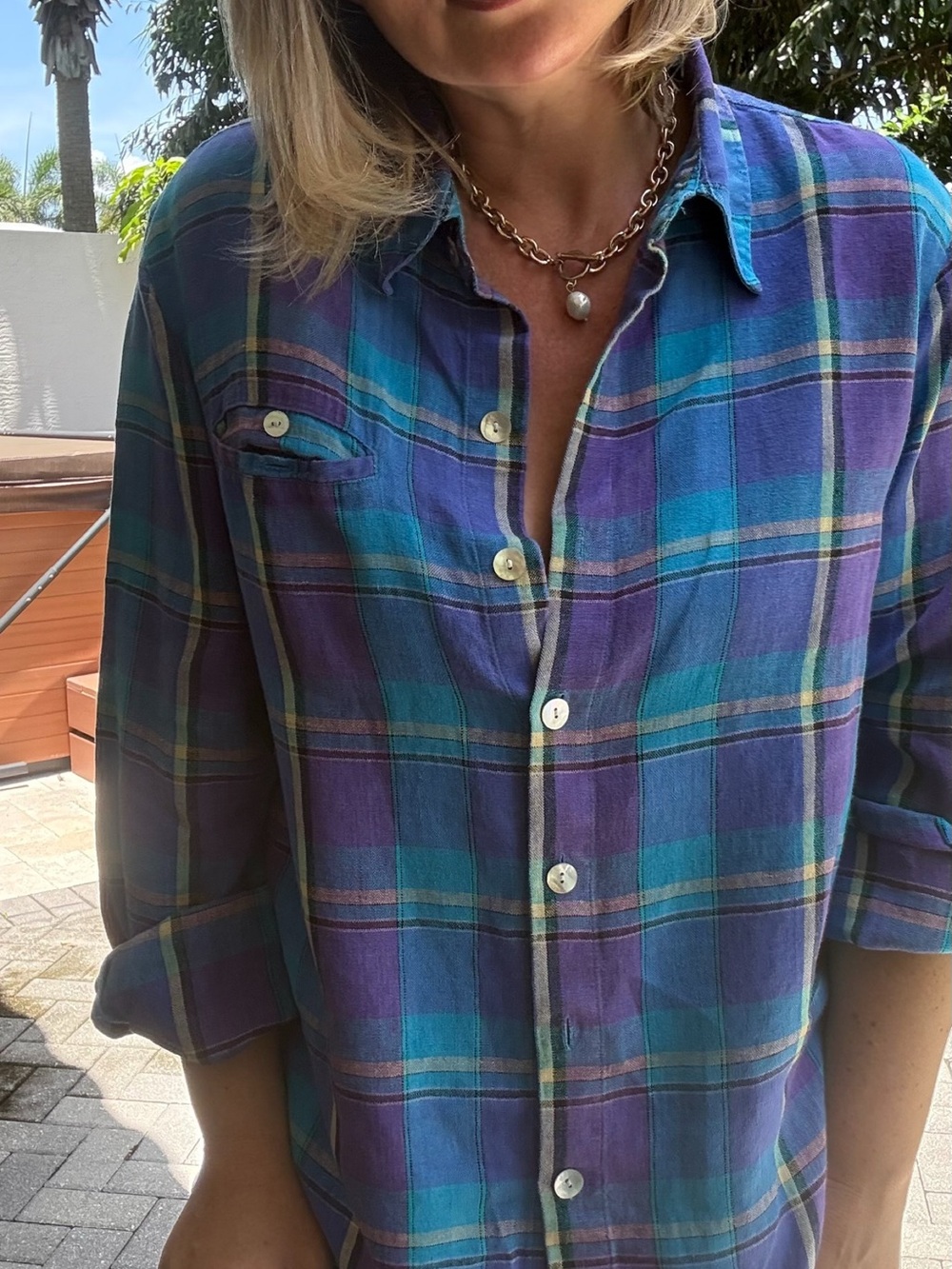 Chico's Design 2 Rainbow Vintage 90's Button Down Linen Shirt Medium